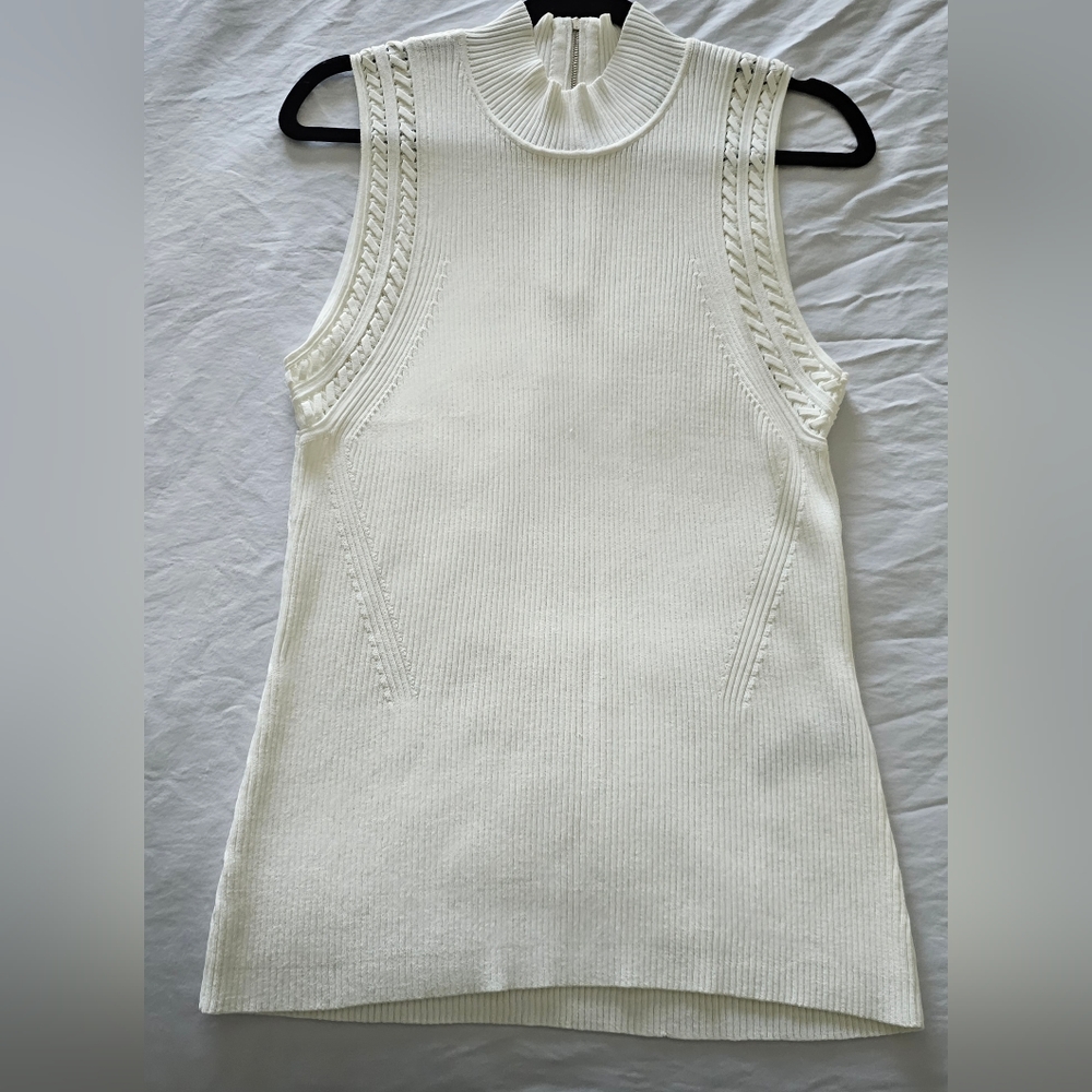 White House Black Market Braided Mockneck Ribbed Sweater Tank In Ecru Size XL - Picture 2 of 8